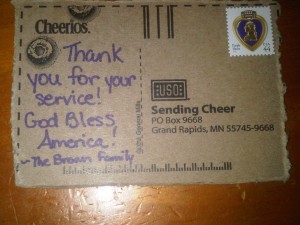 "Cheerios USO sendCheer campaign postcard military families"